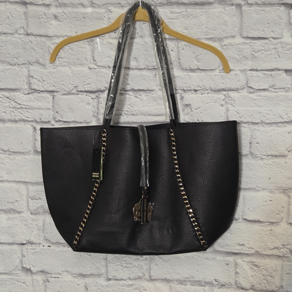 Badgley Mischka Black Vegan Leather Chain Tote Bag